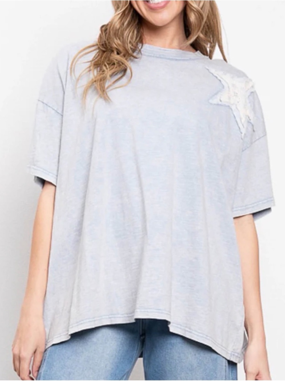 100% Cottom Casual StarOversized T‑Shirt - Light Blue